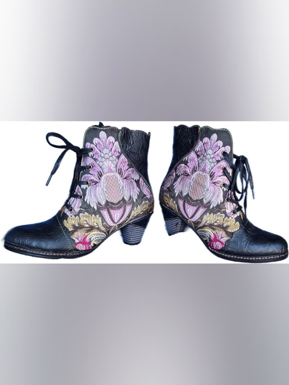 Embroidered Floral Lace-Up Ankle Booties - Black with Pink Accents
